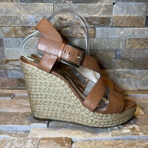 Michael Kors Tan Leather Celia Mid Wedge Platform Sandals Women's Size 10